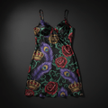 TITAN Crown Edition Tattoo Art Women's Lounge Slip Dress - bold colorful tattoo artwork on matte black satin fabric