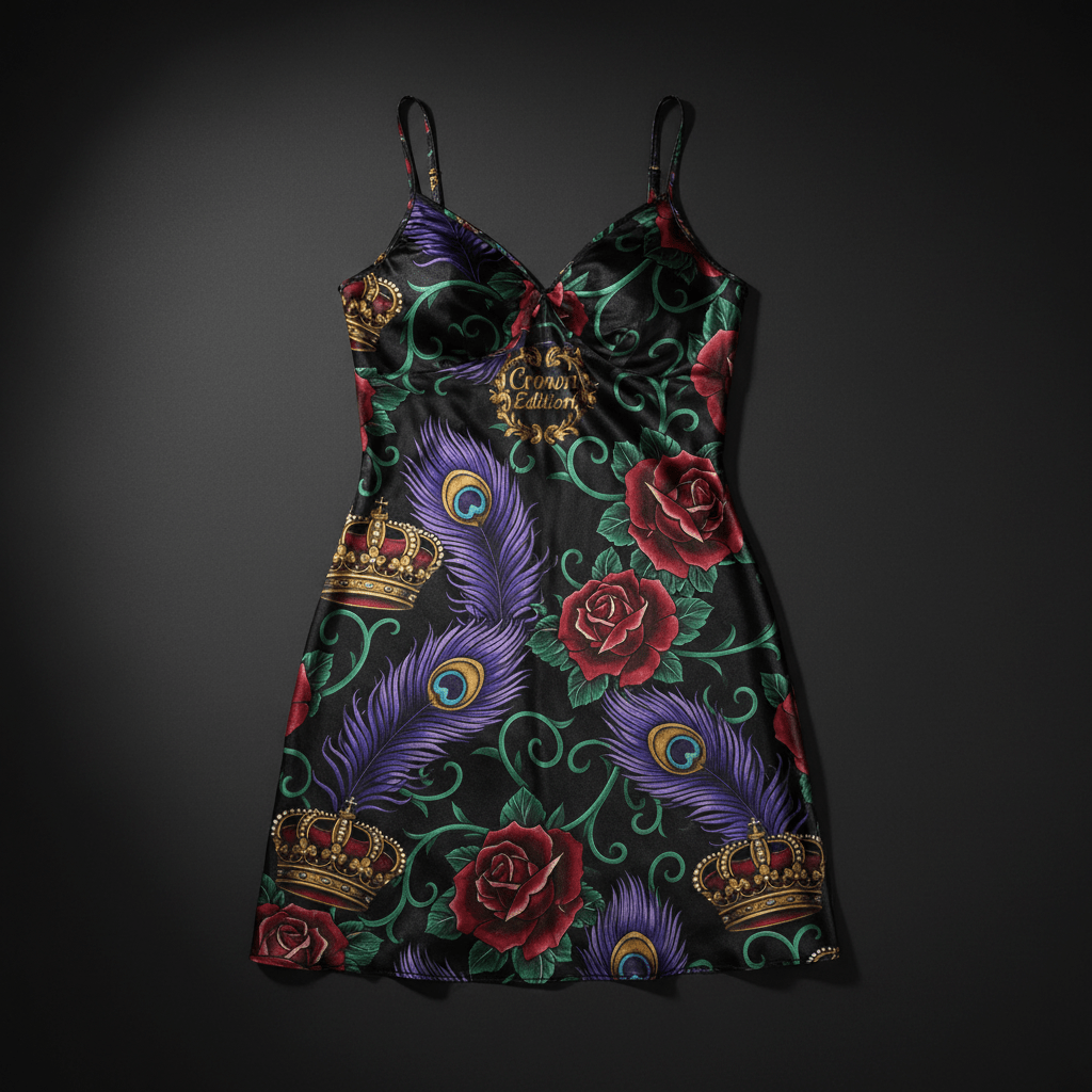 TITAN Crown Edition Tattoo Art Women's Lounge Slip Dress - bold colorful tattoo artwork on matte black satin fabric