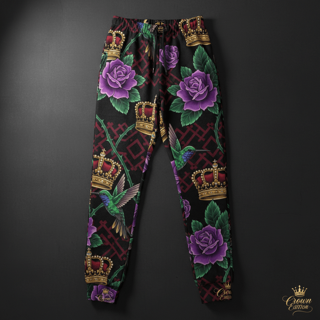 TITAN Crown Edition Tattoo Art Women's Lounge Joggers - bold hummingbird rose tattoo artwork on matte black fabric