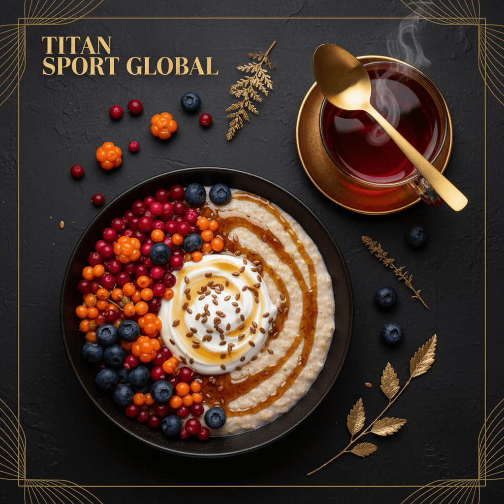 TITAN Nordic Berry Skyr Oatmeal Breakfast flat lay dark luxury