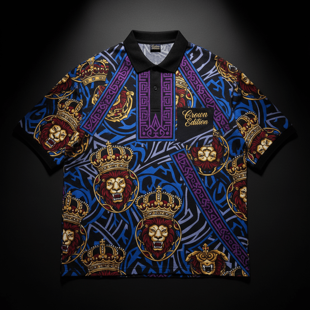 TITAN Crown Edition Tattoo Art Men's Lounge Polo - bold colorful tattoo artwork on matte black pique fabric