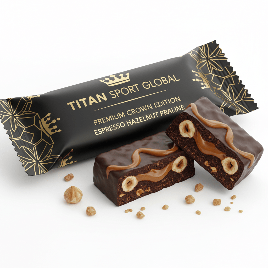 Crown Edition Espresso Hazelnut Praline Protein Bar — matte black gold foil wrapper