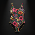 TITAN Crown Edition Women's One-Piece Swimsuit — Tropical Floral tattoo artwork on matte black fabric
