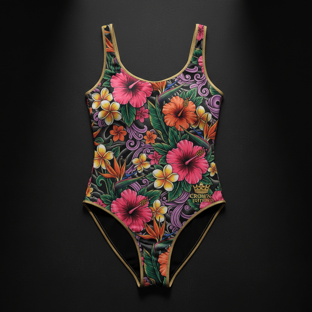 TITAN Crown Edition Women's One-Piece Swimsuit — Tropical Floral tattoo artwork on matte black fabric