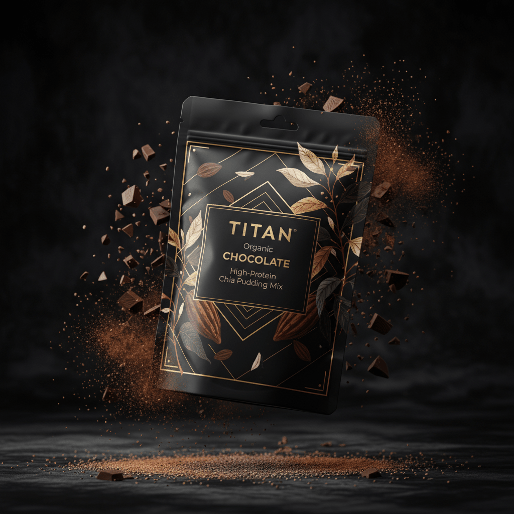TITAN Organic High-Protein Chia Pudding Mix Chocolate — ultra-premium luxury editorial product shot