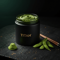 TITAN Clean Eating Protein Dip Edamame & Wasabi — side-angle Japanese-inspired food styling with edamame pods and wasabi