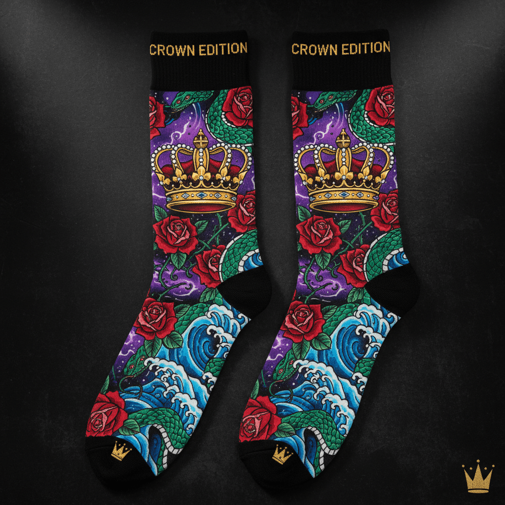 TITAN Crown Edition Tattoo Art Ultimate Crew Socks - epic tattoo masterpiece on matte black fabric