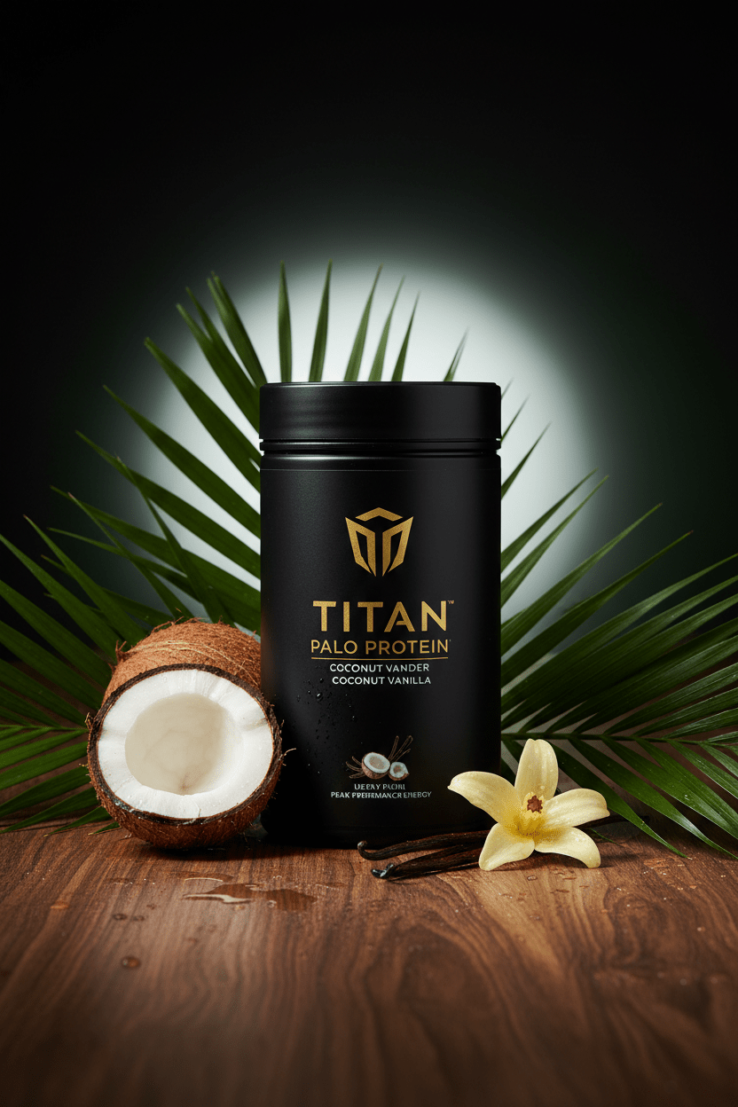 TITAN Paleo Protein Powder Coconut Vanilla — pristine nature-inspired canister with fresh coconut halves, vanilla beans and tropical palm leaves