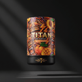 TITAN Pre-Workout Peach Mango supplement container with tropical tattoo-style Crown Edition artwork in orange, gold and purple
