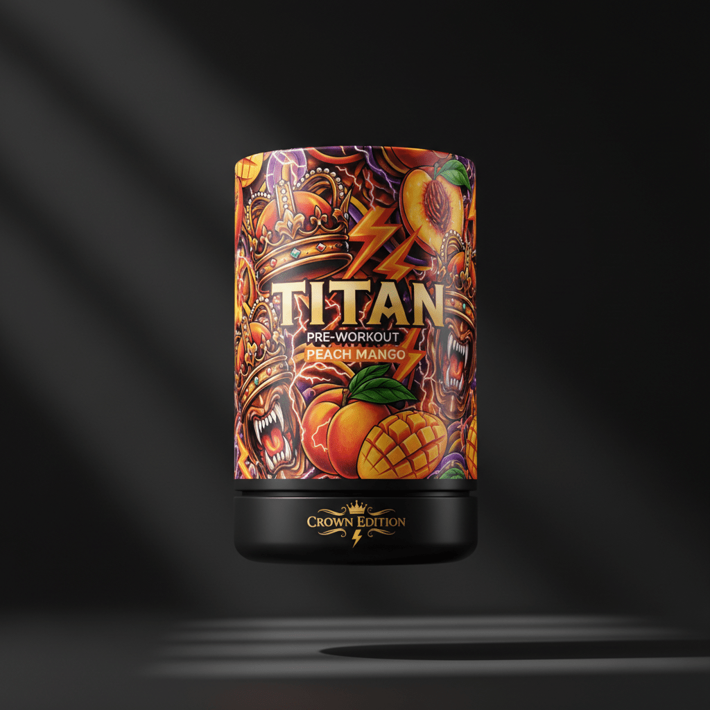 TITAN Pre-Workout Peach Mango supplement container with tropical tattoo-style Crown Edition artwork in orange, gold and purple