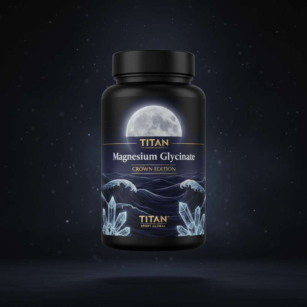 TITAN Magnesium Glycinate supplement bottle with Crown Edition matte black and gold packaging featuring moonlit ocean and magnesium crystal artwork in deep navy and silver