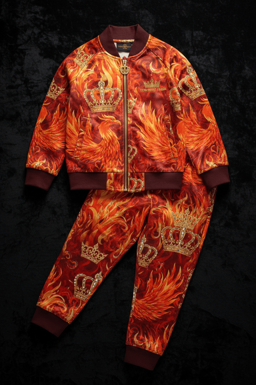 TITAN Kids Phoenix Crown Tracksuit flat lay Fire Royals SWAG Edition