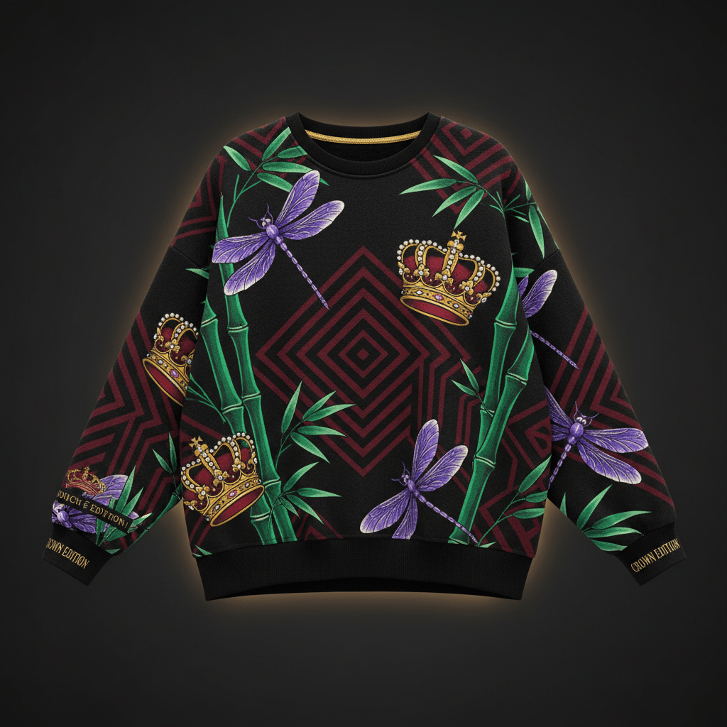 TITAN Crown Edition Tattoo Art Women's Lounge Drop Shoulder Sweatshirt - bold dragonfly bamboo tattoo artwork on matte black heavyweight fabric