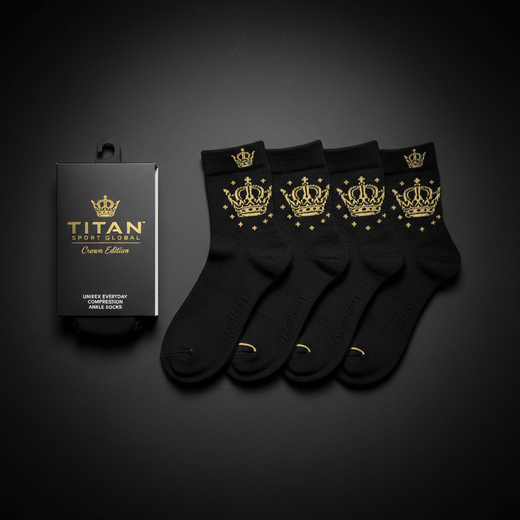 TITAN Unisex Everyday Compression Ankle Socks Black Crown Stars Edition 3-Pack flat lay