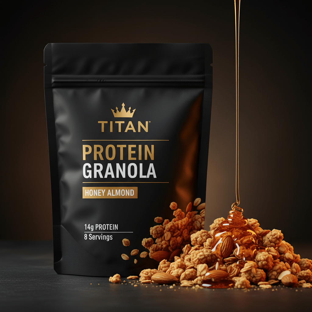 TITAN Protein Granola Honey Almond — Matte black pouch with gold crown, granola clusters and almonds