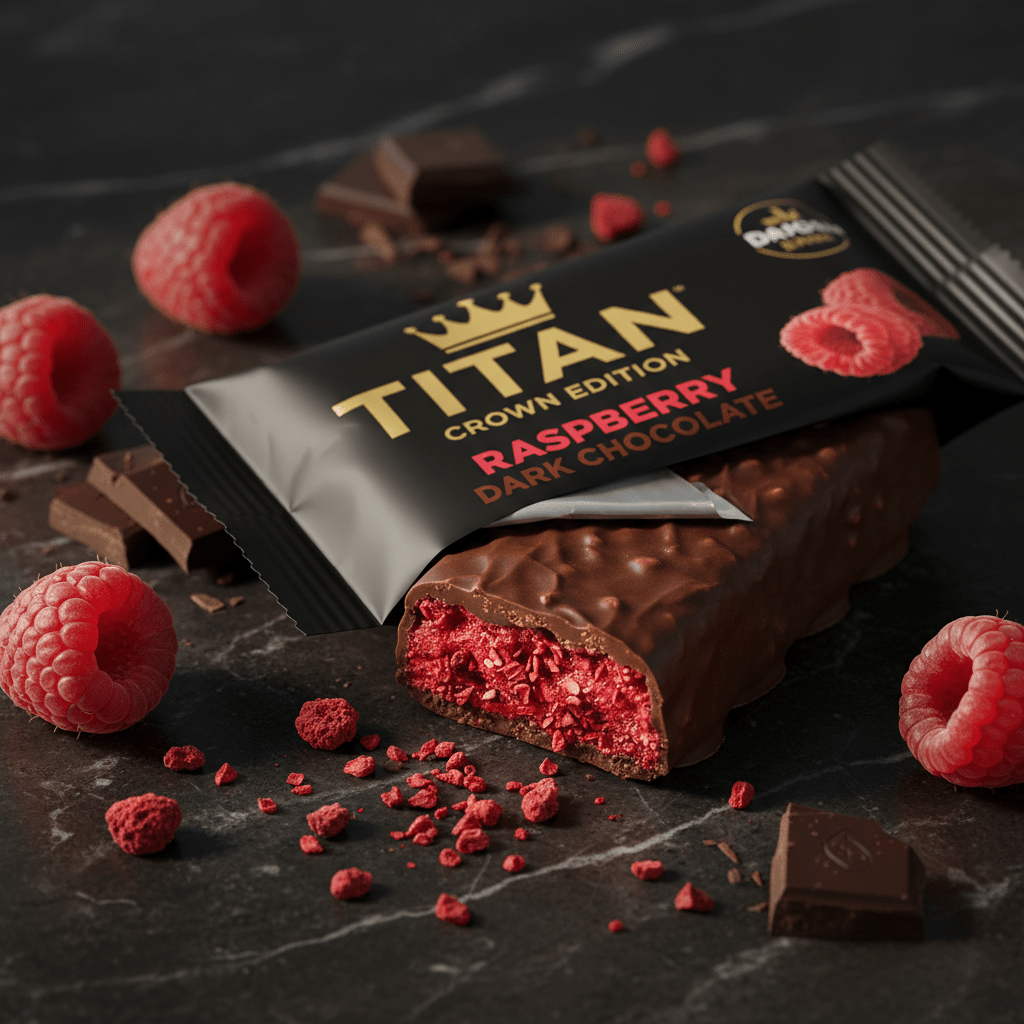 TITAN Vegan Protein Bar Raspberry Dark Chocolate Crown Edition — 20g protein premium product shot