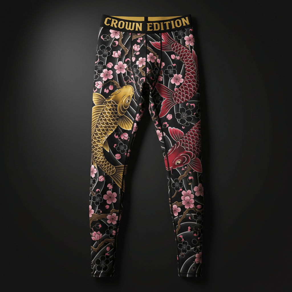 TITAN Crown Edition Men's Compression Tights — Japanese koi fish and cherry blossom tattoo artwork