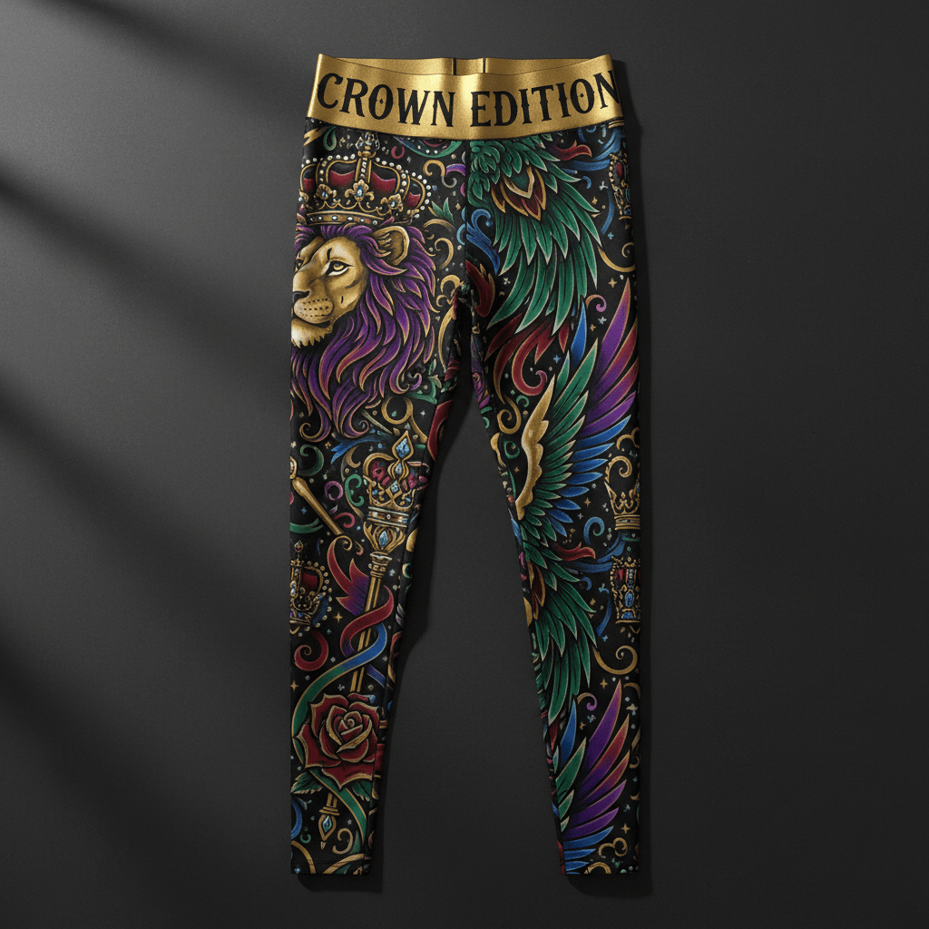 TITAN Crown Edition Women's High-Waist Compression Leggings — bold tattoo artwork in jewel tones on matte black fabric