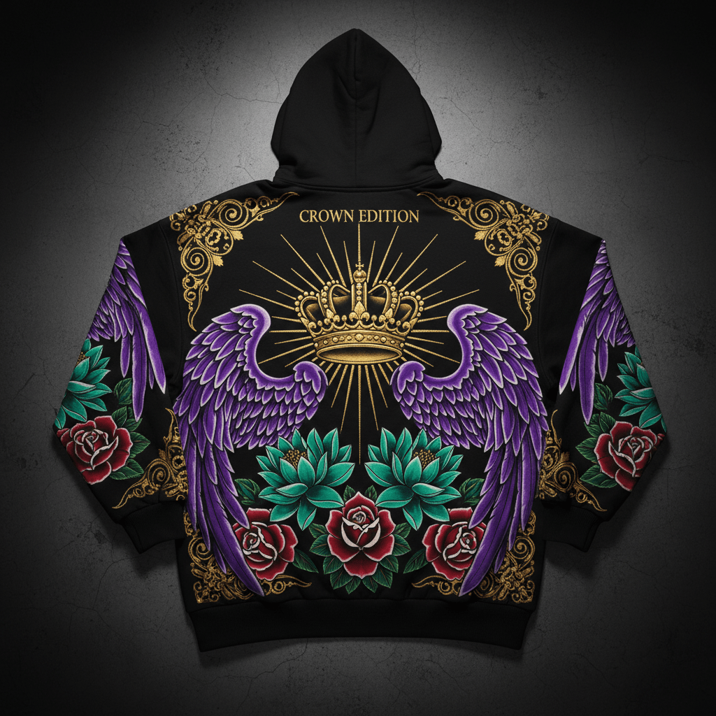 TITAN Crown Edition Tattoo Art Women's Lounge Hoodie - bold grand finale crown tattoo artwork on matte black heavyweight fleece