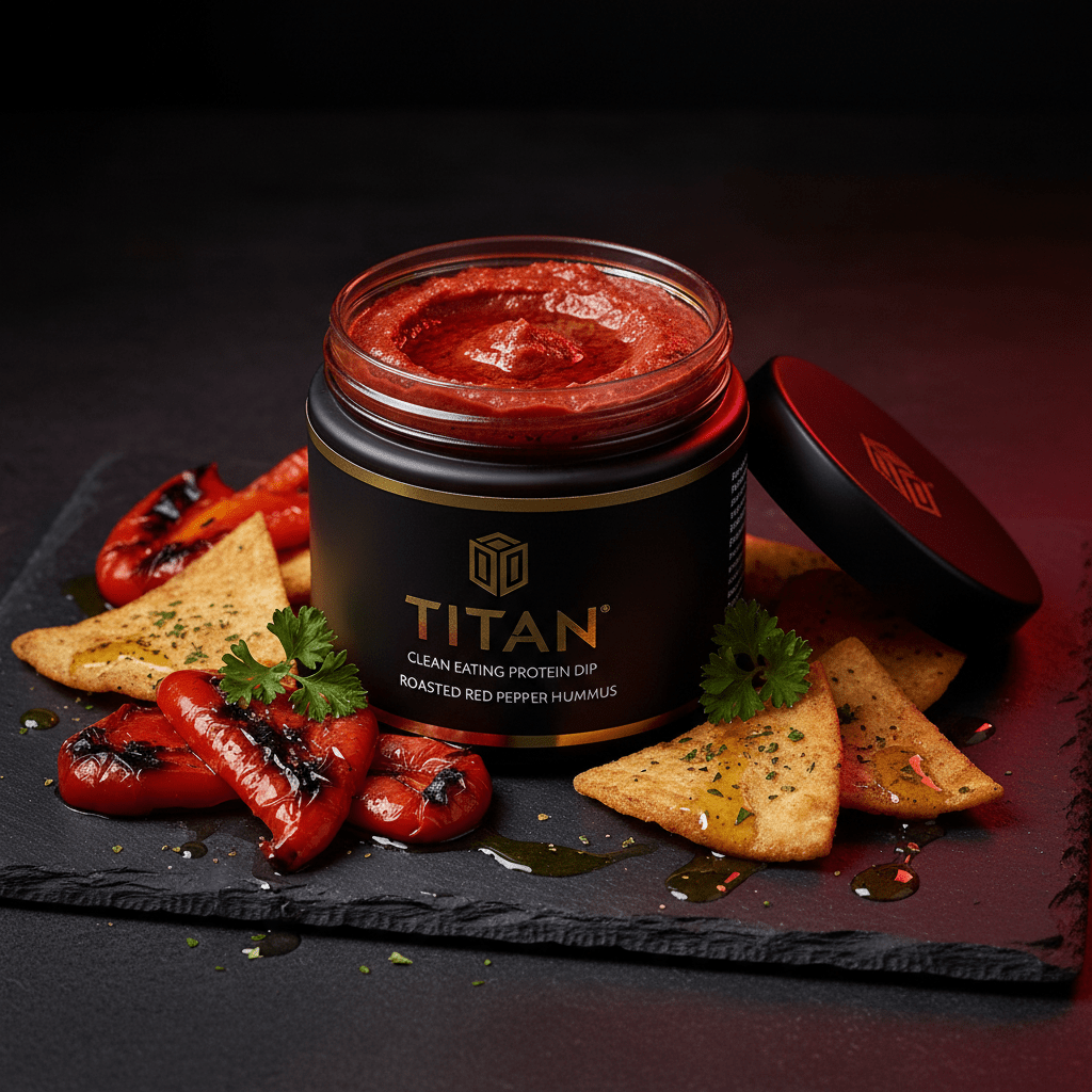 TITAN Clean Eating Protein Dip Roasted Red Pepper Hummus — rustic angled Mediterranean food styling with roasted peppers and pita chips