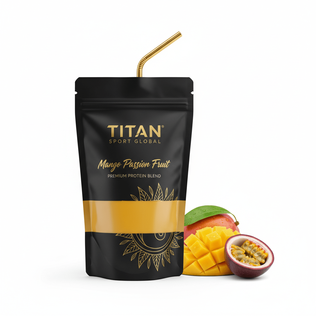 TITAN Protein Shake Pouch Mango Passion Fruit — matte black pouch