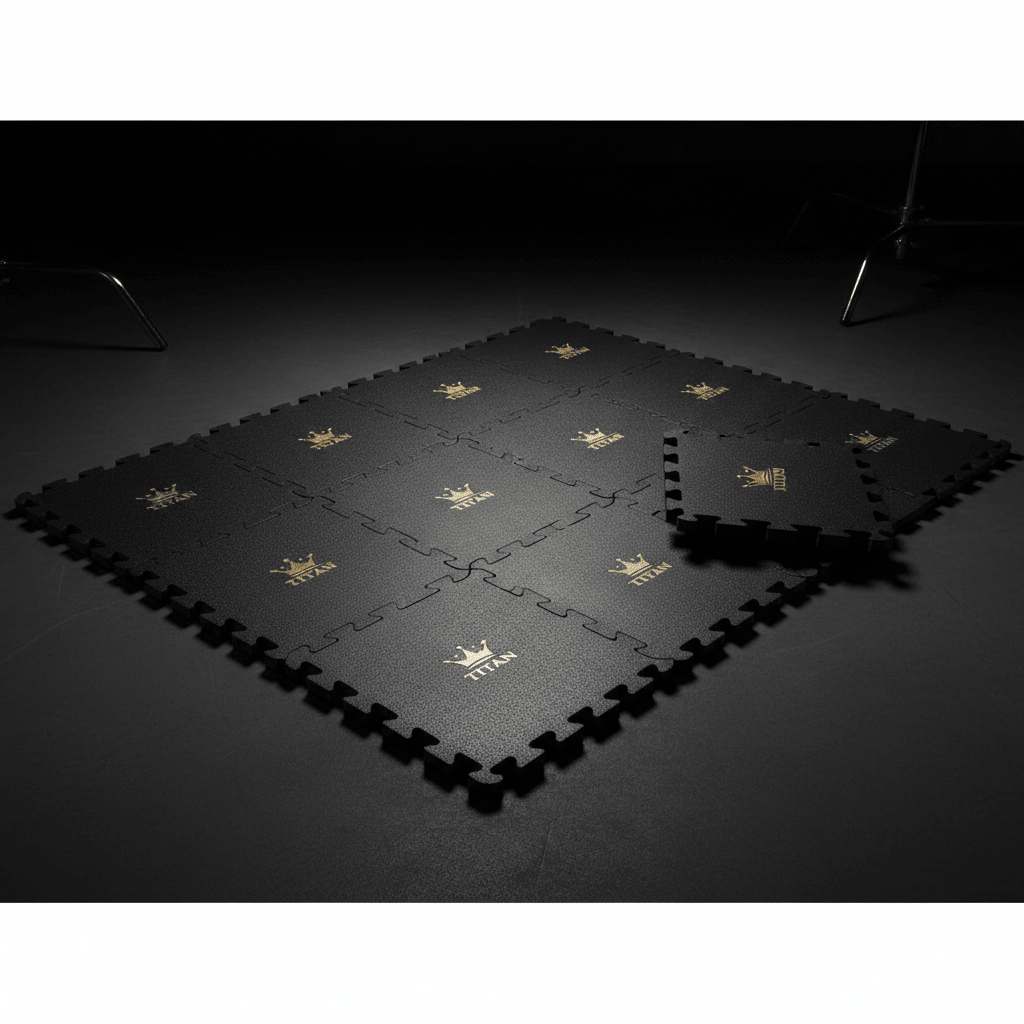 TITAN Rubber Gym Flooring Tiles — Matte black interlocking tiles with gold crown embossed logo