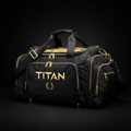 Black TITAN duffel bag with gold accents, metallic logo, laurel wreath emblem, multiple zippers, and top carry handles.