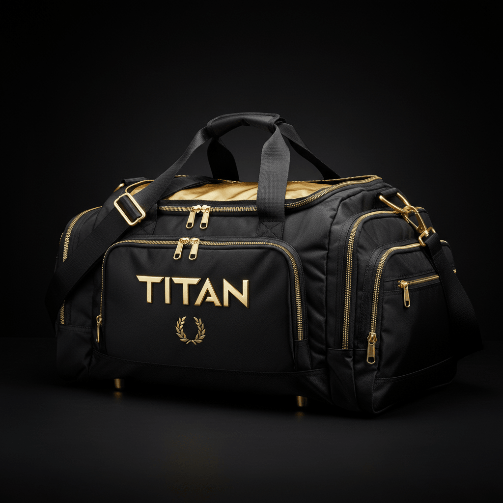 Black TITAN duffel bag with gold accents, metallic logo, laurel wreath emblem, multiple zippers, and top carry handles.