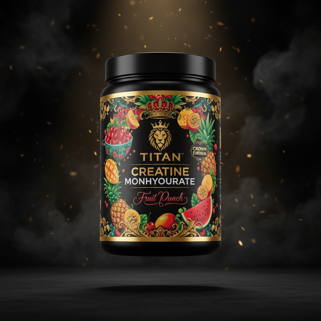 TITAN Creatine Monohydrate Fruit Punch - Crown Edition tattoo-style artwork