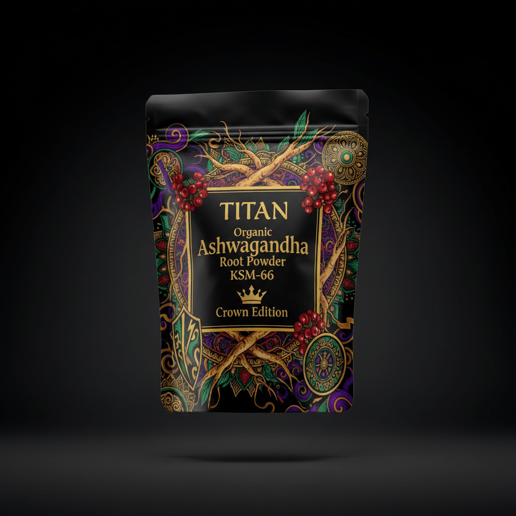 TITAN Organic Ashwagandha Root Powder — KSM-66, Crown Edition tattoo-style artwork