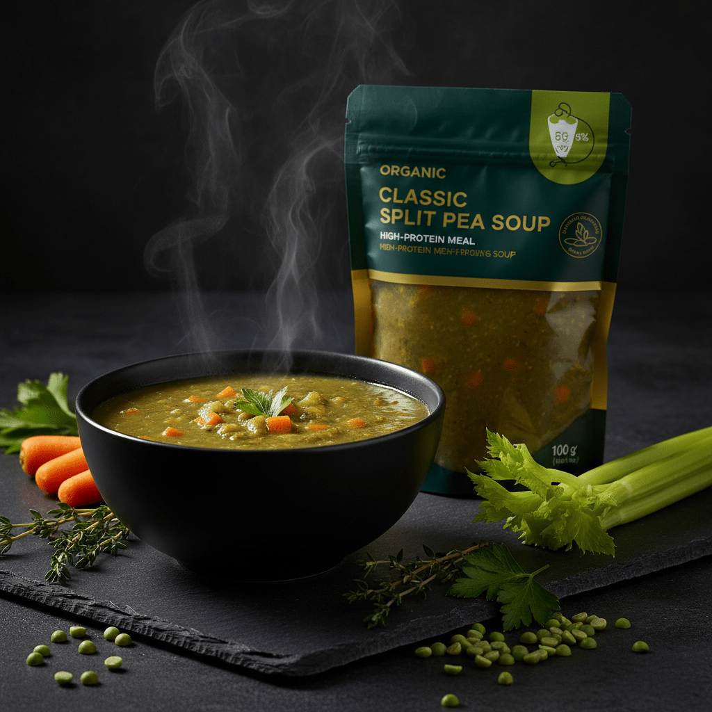 TITAN Organic High-Protein Split Pea Soup — Classic, premium product photography