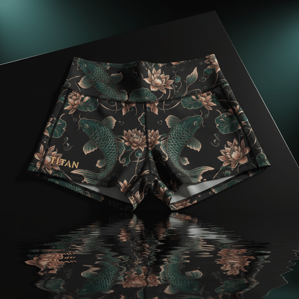 TITAN Elite Athletic Shorts Women All Black — Crown Edition koi fish water lily tattoo angled flat lay