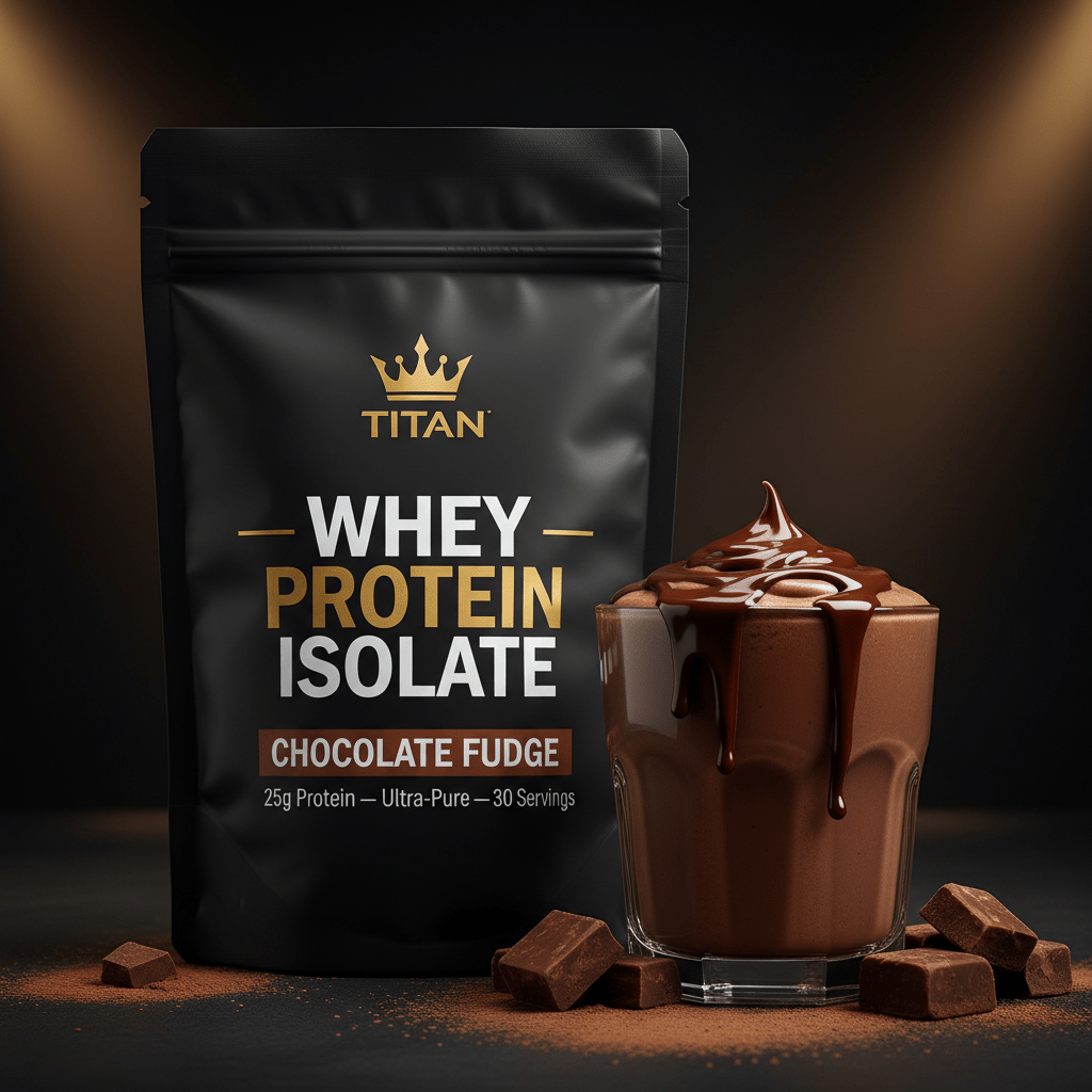TITAN Whey Protein Isolate Chocolate Fudge — Matte black bag with gold crown, dark chocolate fudge shake and melted chocolate drizzle
