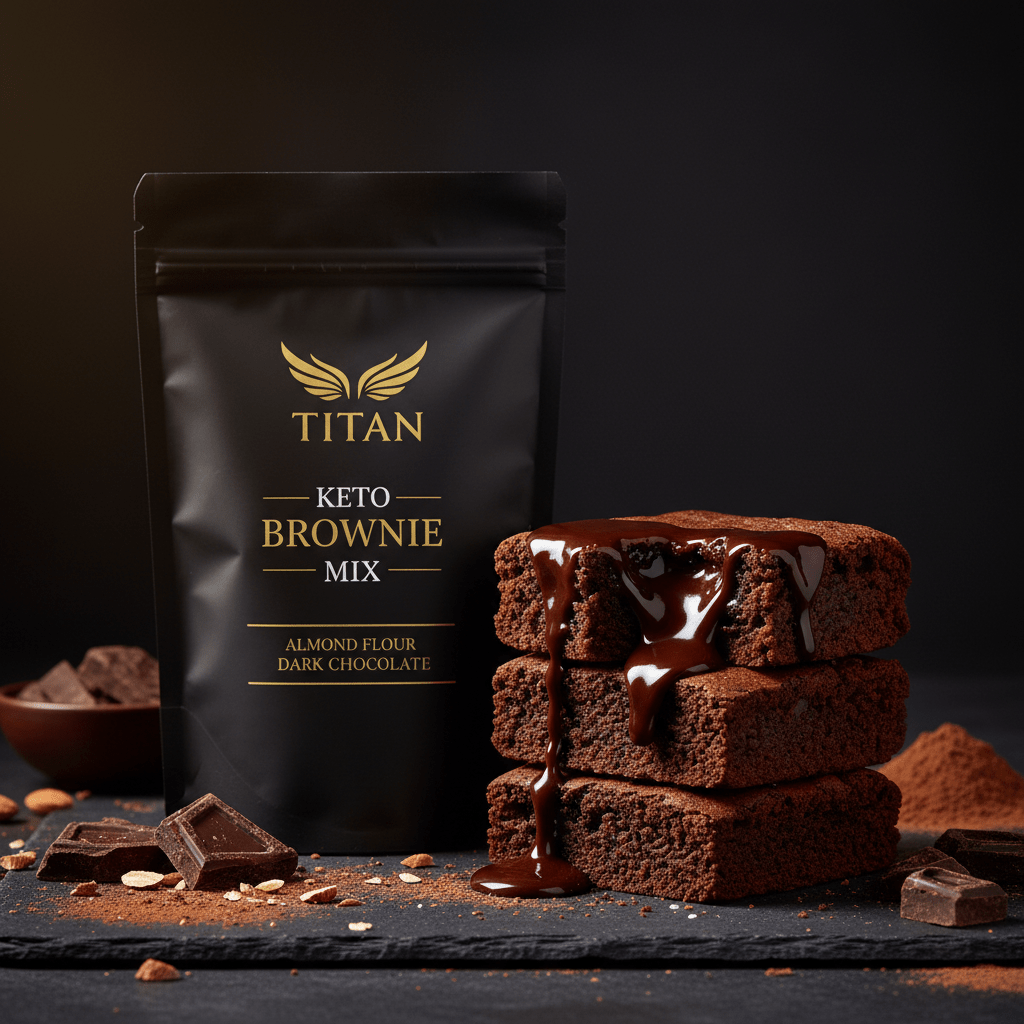 TITAN Keto Brownie Mix Almond Flour Dark Chocolate — dramatic stacked brownie shot with gooey center, chocolate drizzle and crushed almonds
