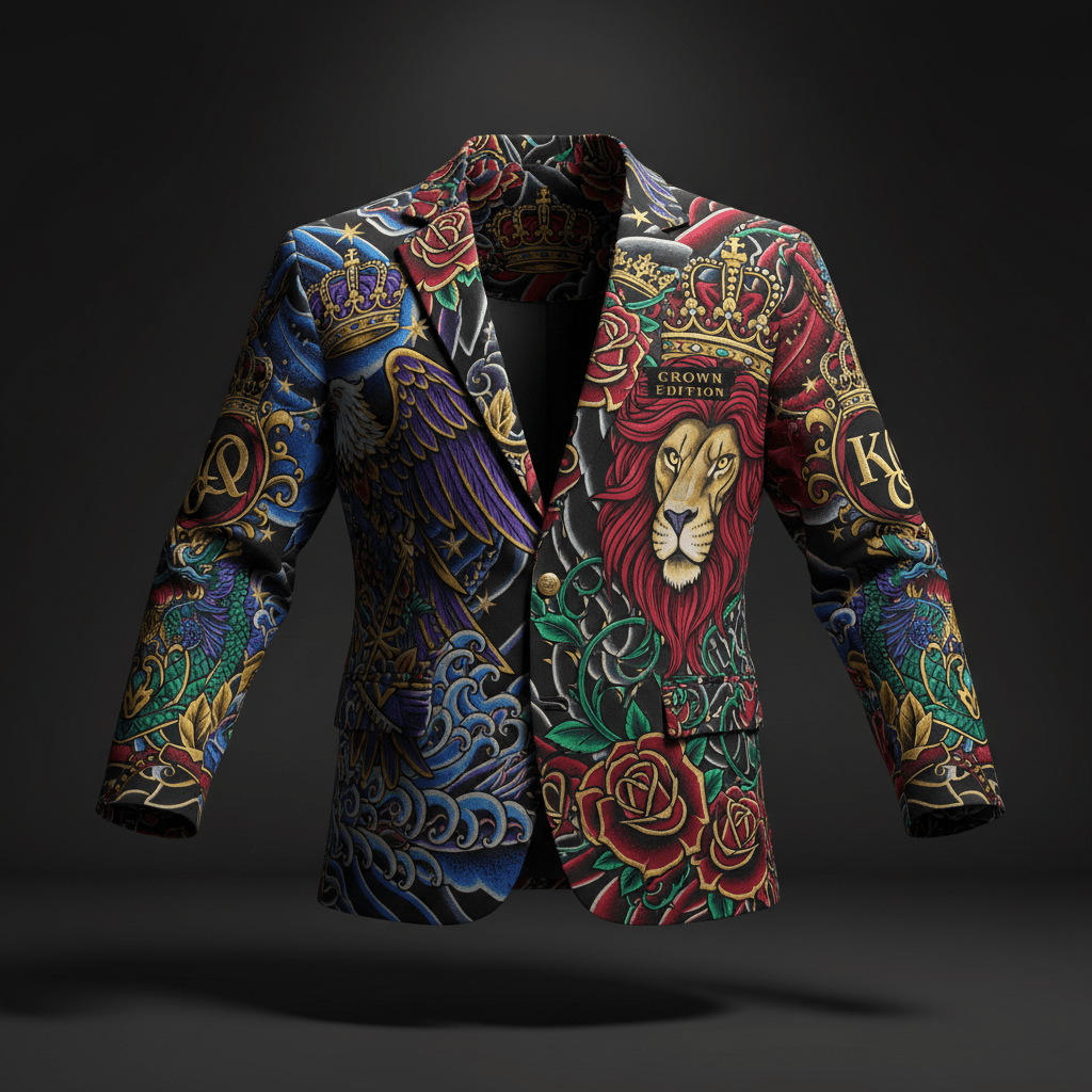 TITAN Crown Edition Sport Blazer — bold tattoo-style artwork on matte black structured athletic jacket