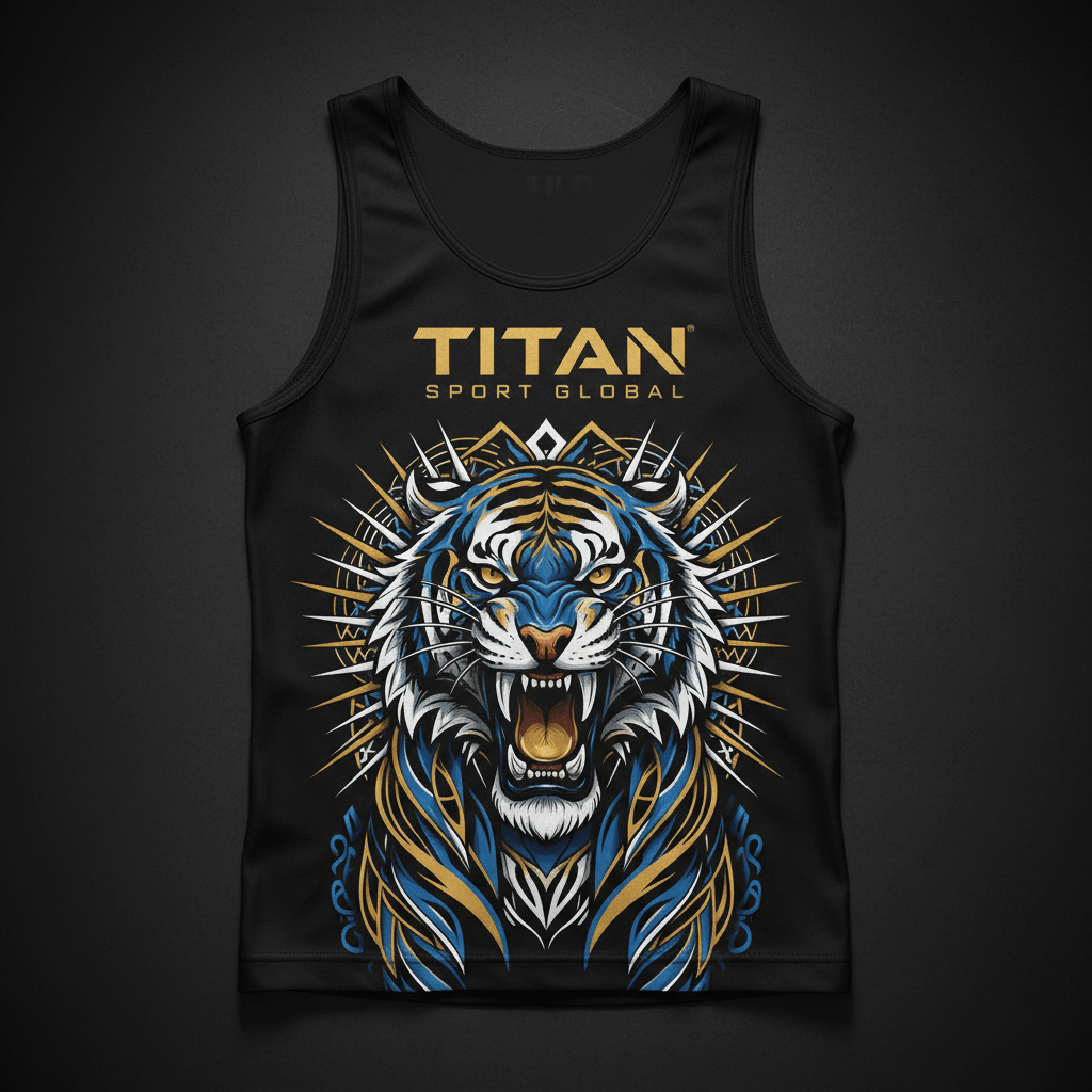TITAN Elite Recovery Compression Tank in matte black with gold logo and bold tattoo-style roaring tiger geometric artwork in electric blue and gold