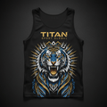 TITAN Elite Recovery Compression Tank in matte black with gold logo and bold tattoo-style roaring tiger geometric artwork in electric blue and gold