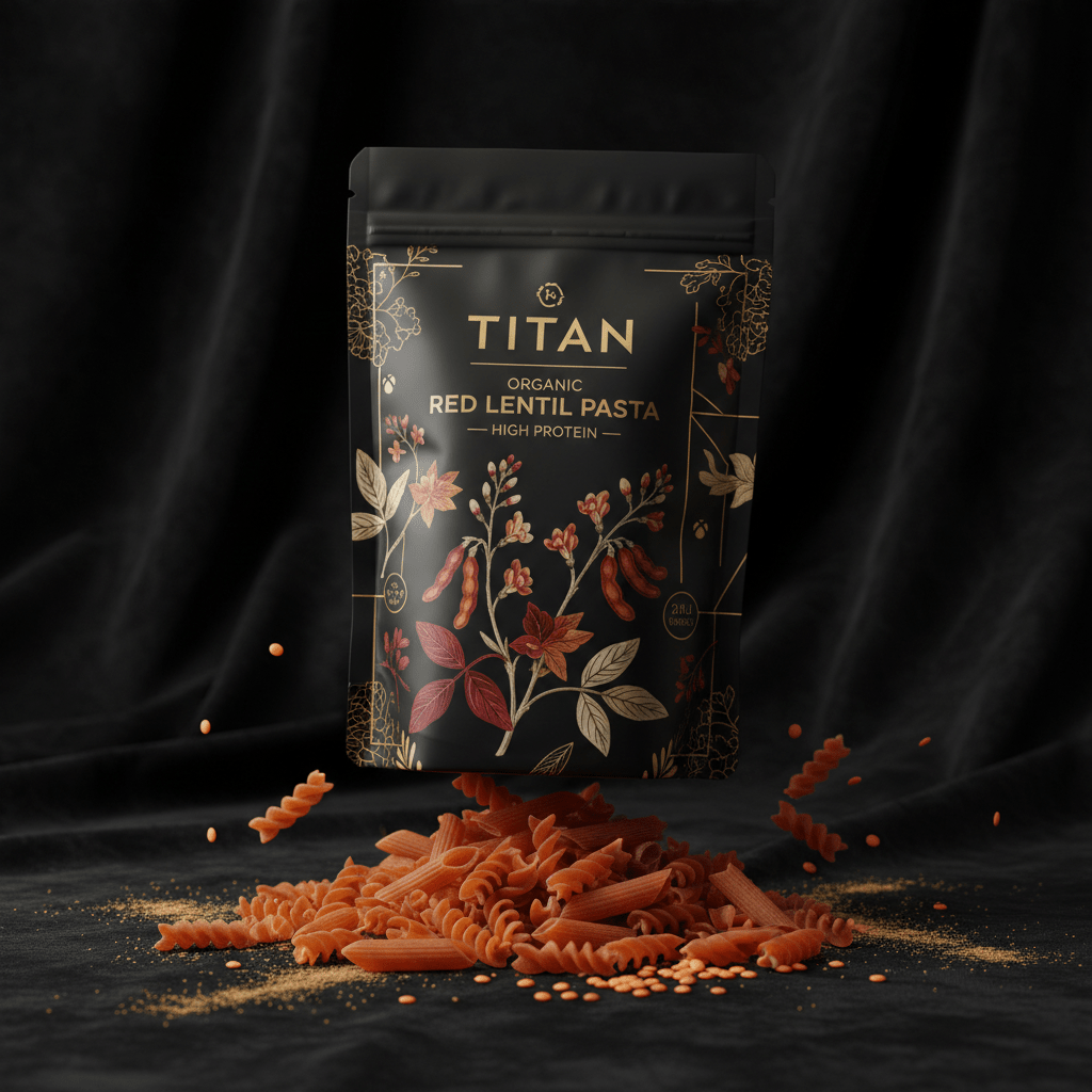 TITAN Organic Red Lentil Pasta High Protein — ultra-premium luxury editorial product shot