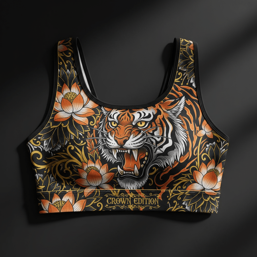 TITAN Crown Edition Women's Sports Bra — Tiger & Lotus tattoo artwork on matte black fabric