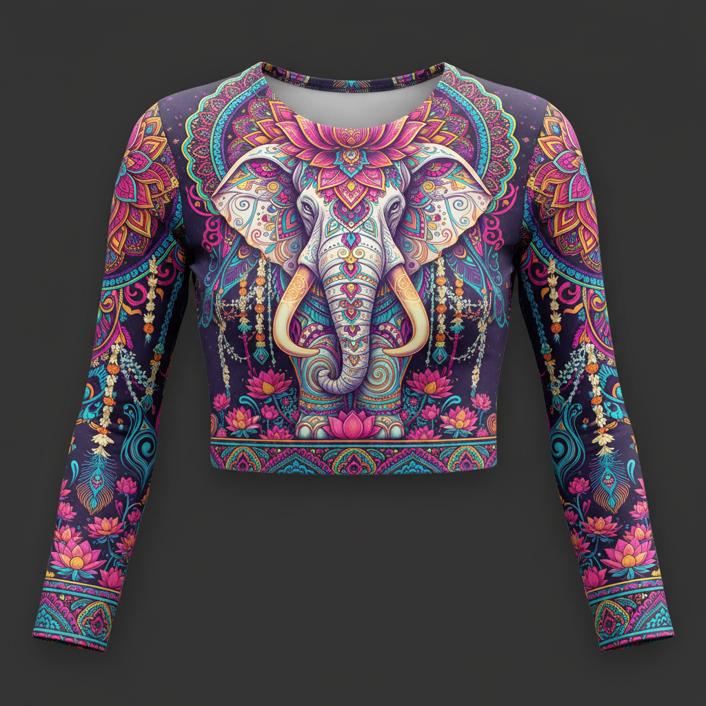 TITAN Women’s Cosmic Elephant Mandala Long Sleeve Crop — Airavata Edition