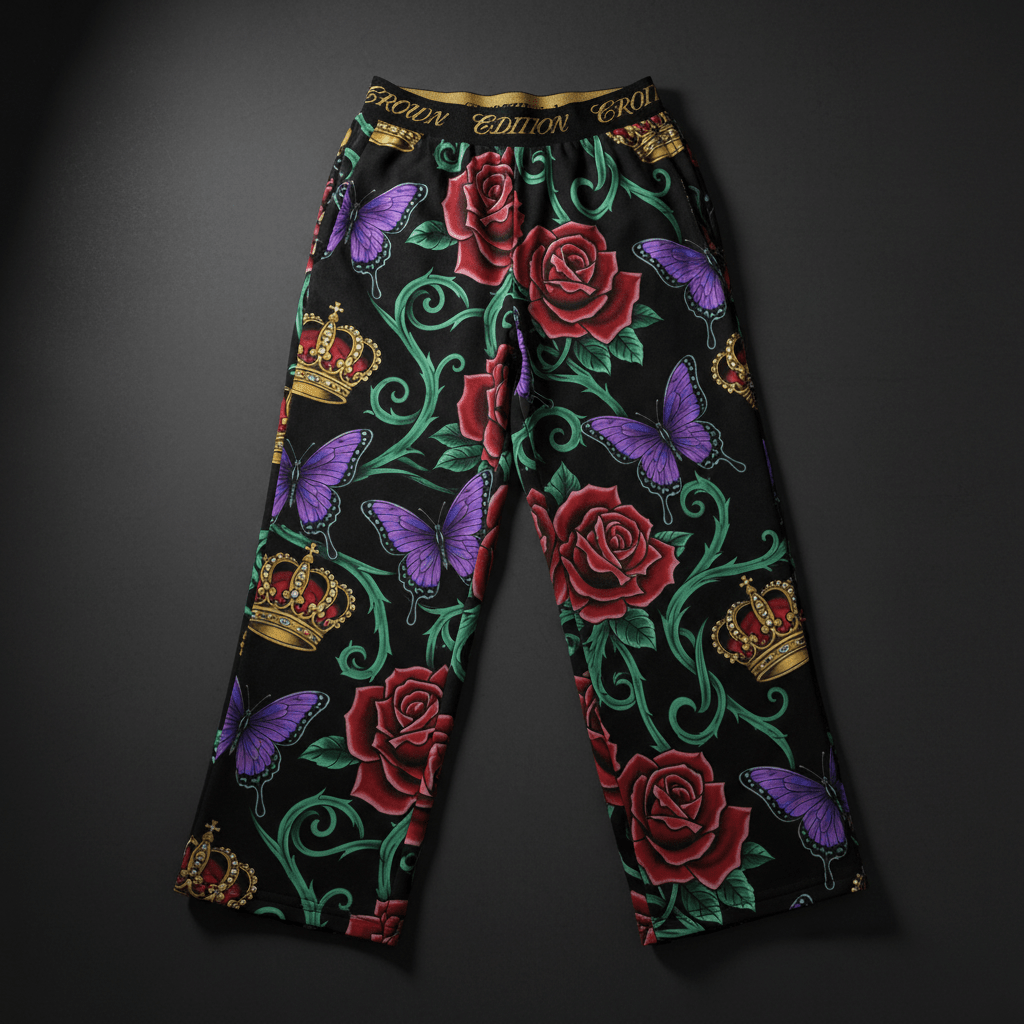 TITAN Crown Edition Tattoo Art Women's Lounge Wide-Leg Pants - bold colorful tattoo artwork on matte black fabric