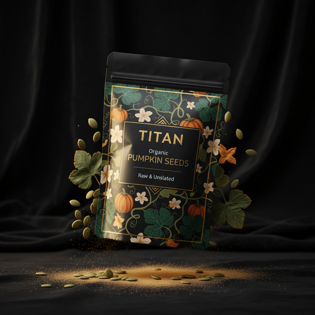 TITAN Organic Pumpkin Seeds Raw & Unsalted — ultra-premium luxury editorial product shot