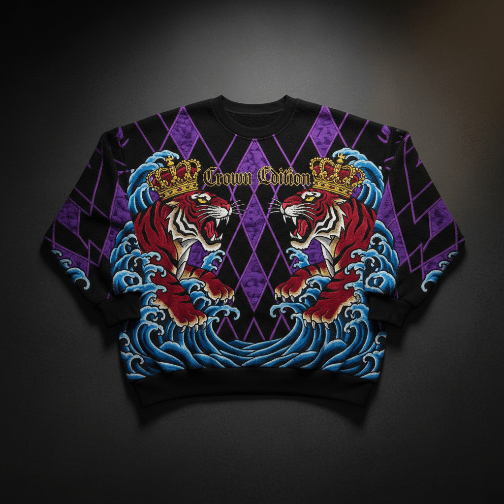 TITAN Crown Edition Tattoo Art Men's Lounge Crewneck - bold tiger ocean tattoo artwork on matte black heavyweight fleece