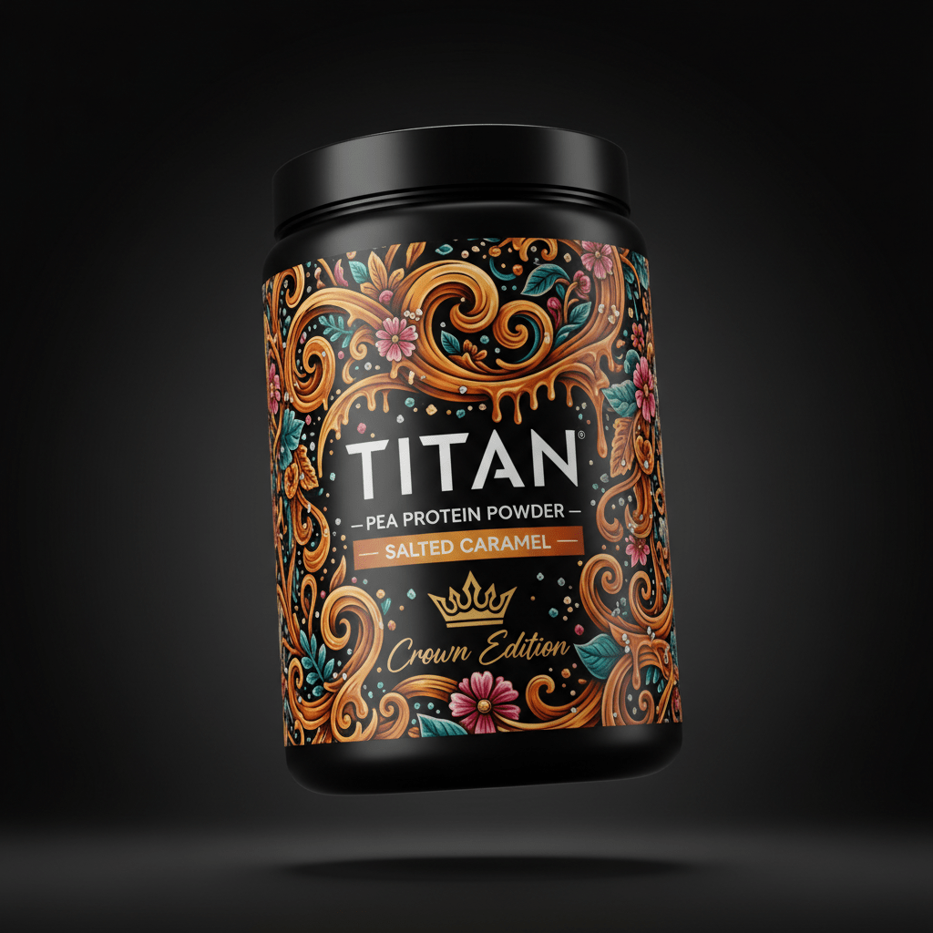 TITAN Pea Protein Powder — Salted Caramel, Crown Edition tattoo-style artwork