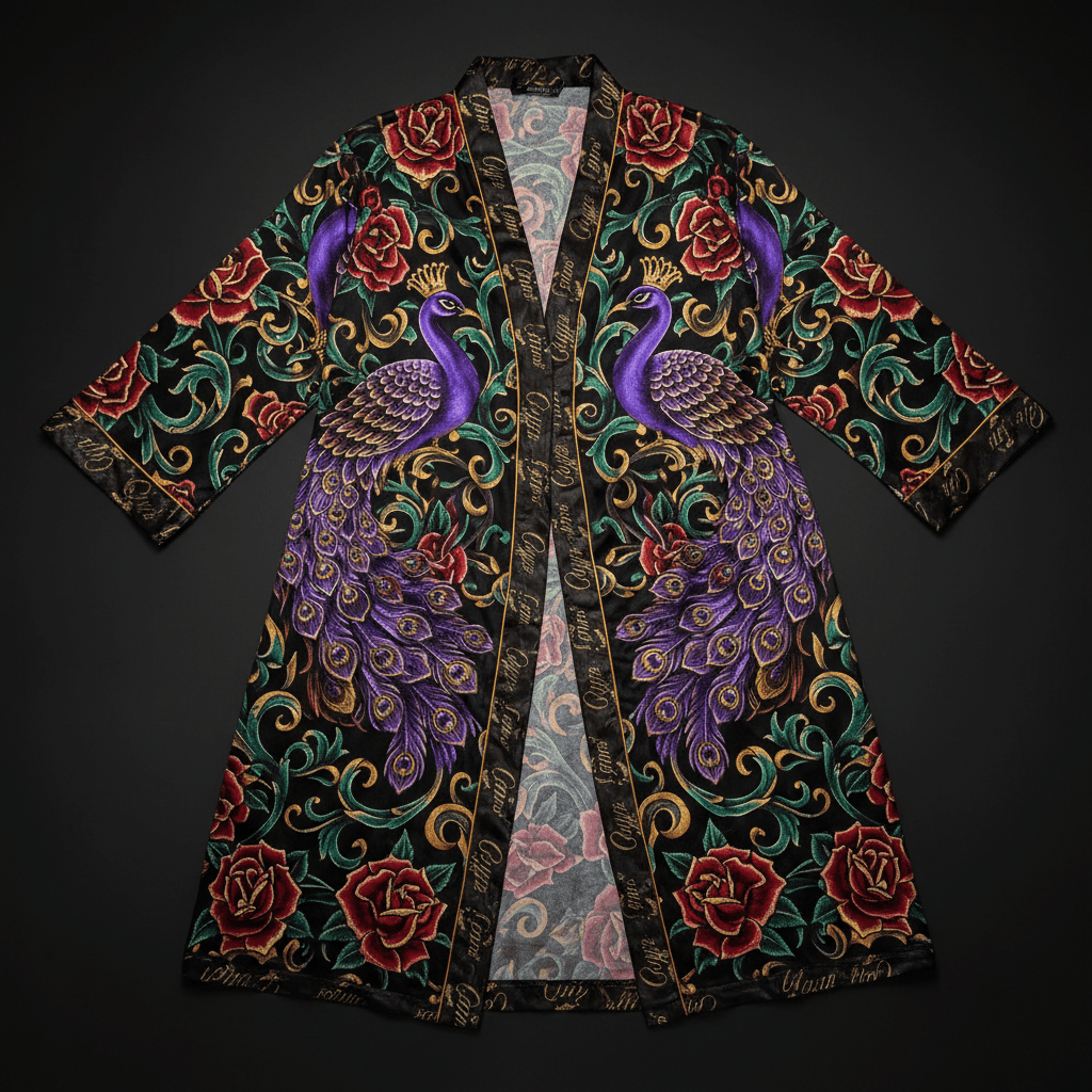 TITAN Crown Edition Tattoo Art Women's Lounge Robe - bold colorful tattoo artwork on matte black velour