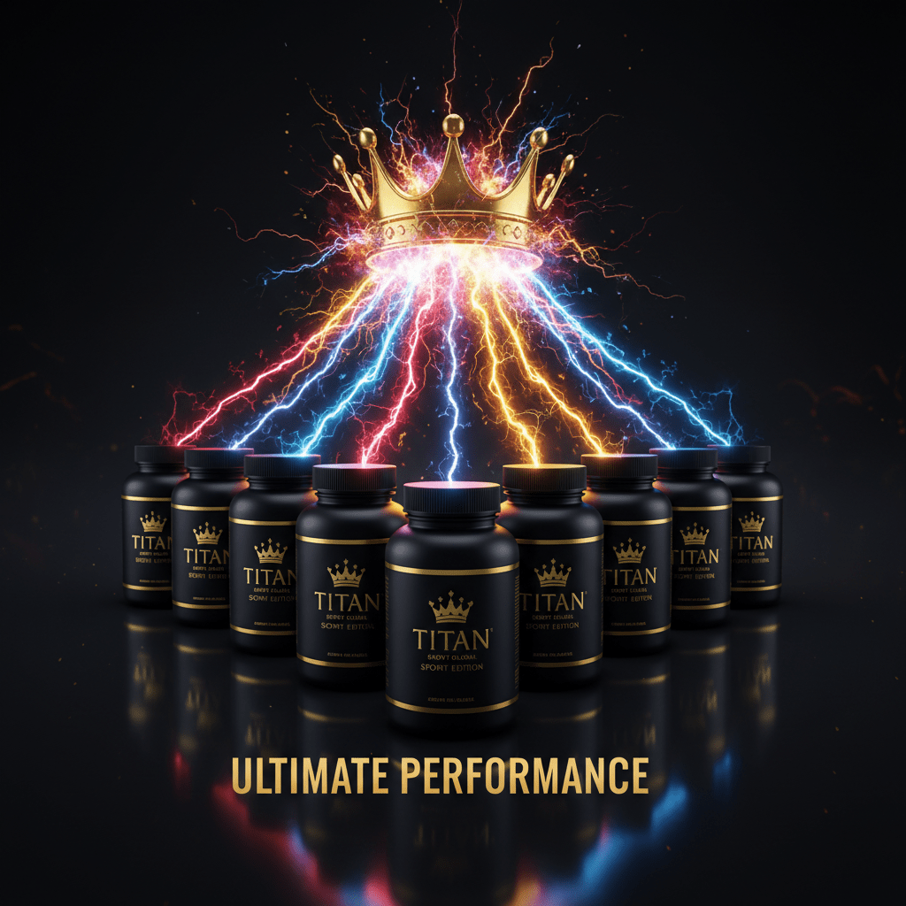 TITAN Performance Bundle Ultimate — 10 Crown Edition supplement bottles in V-formation with exploding golden crown and crimson, blue and gold power beams