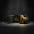 TITAN Weightlifting Belt — Matte black leather with gold lever buckle and embossed crown logo