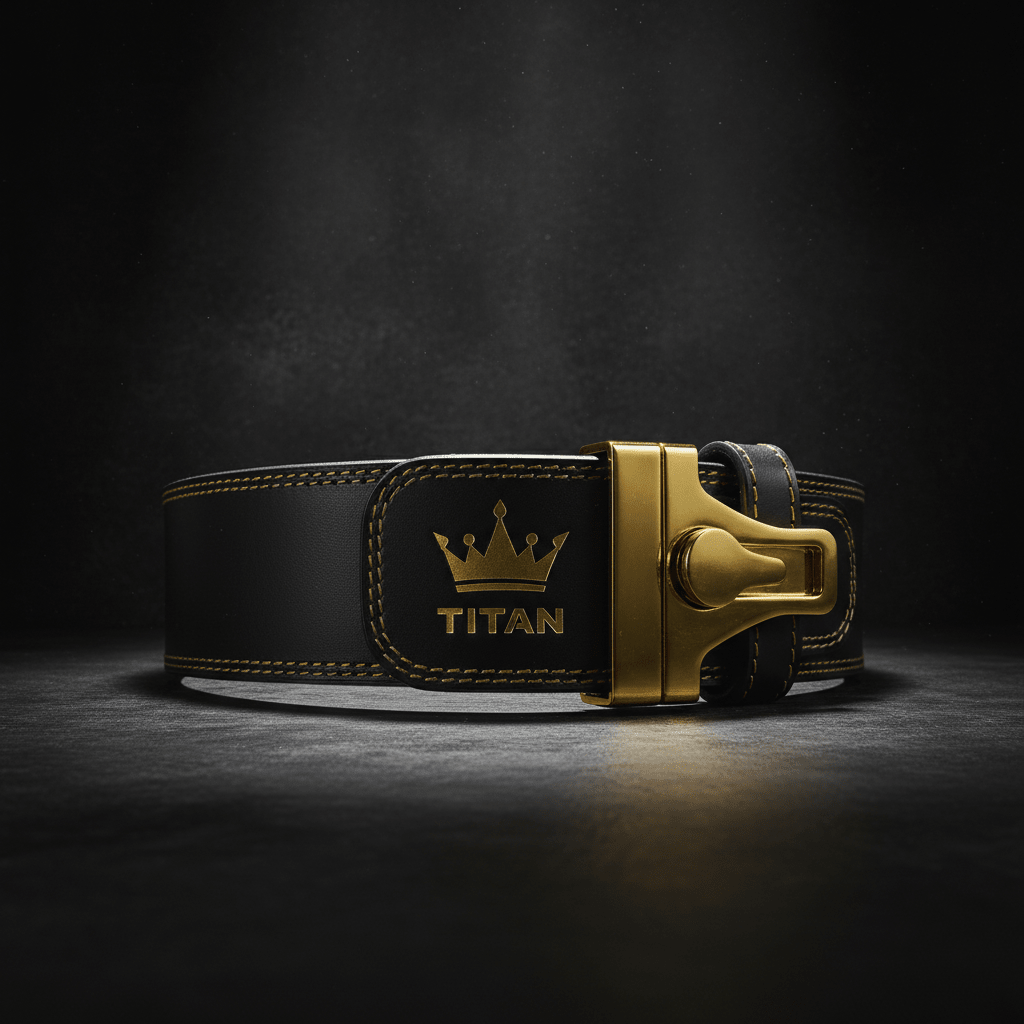 TITAN Weightlifting Belt — Matte black leather with gold lever buckle and embossed crown logo