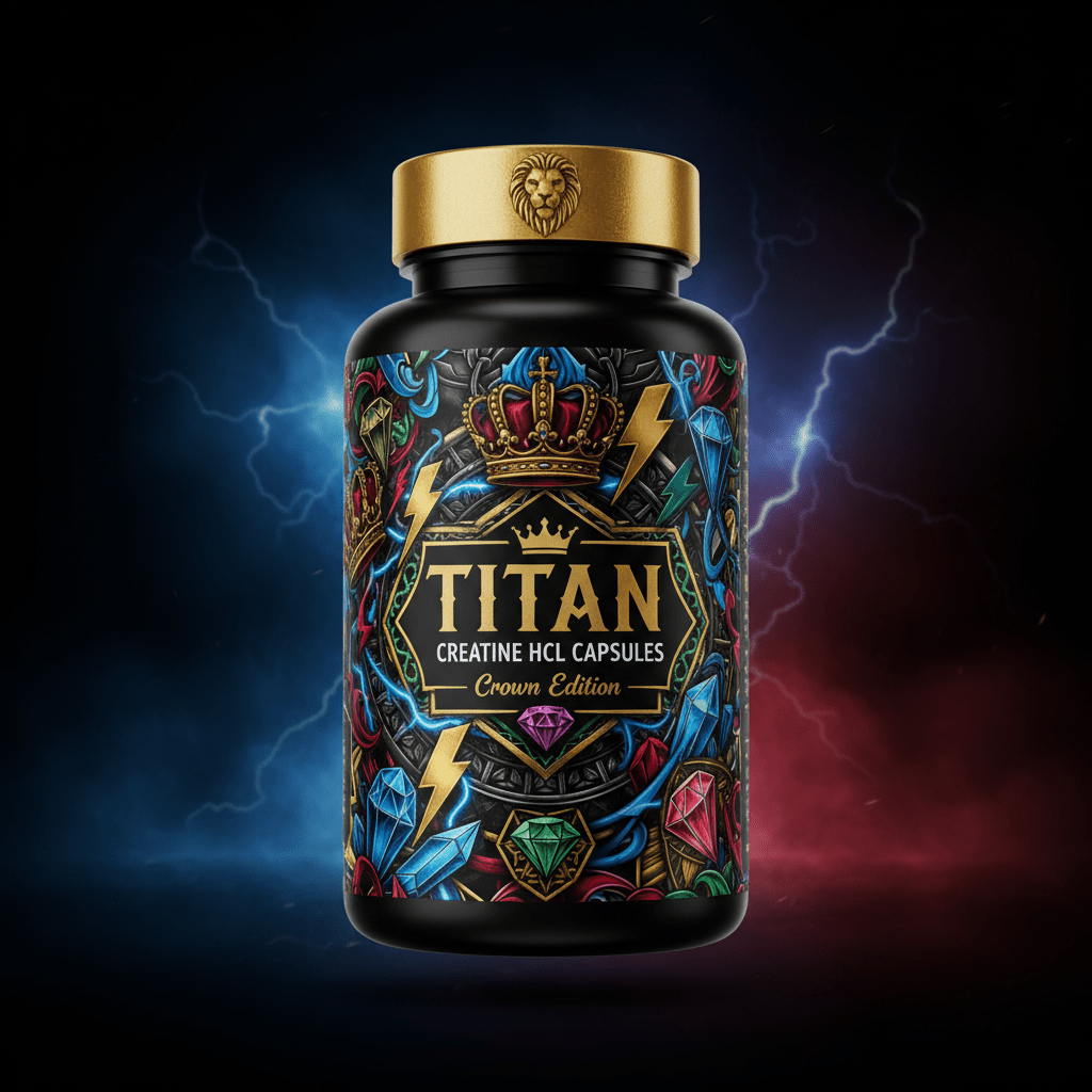 TITAN Creatine HCL Capsules supplement bottle with lightning bolt, diamond crystal and crown tattoo-style Crown Edition artwork in electric blue, crimson and gold