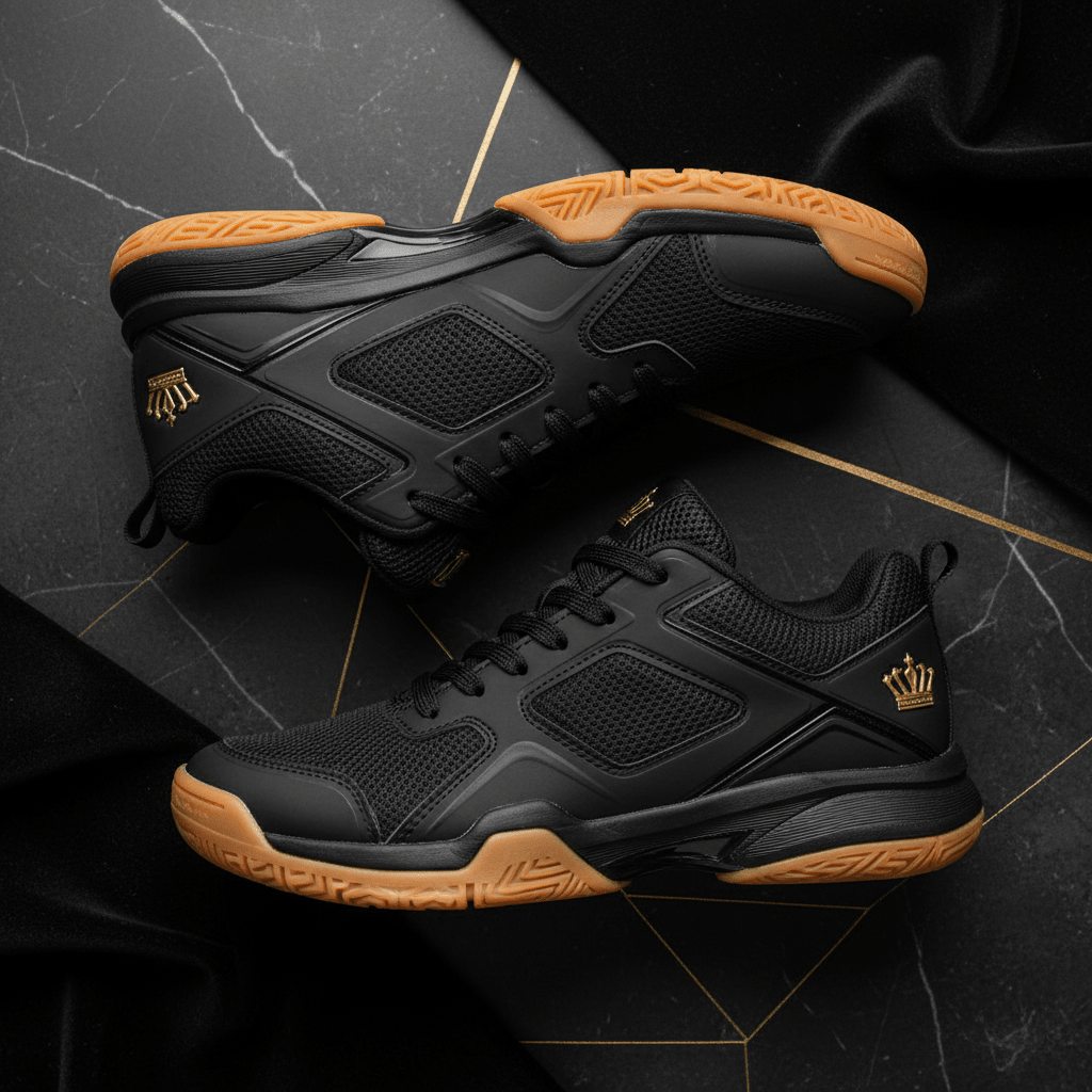 TITAN Volleyball Shoes Crown Edition matte black gold crown logo heel gum rubber outsole breathable mesh upper pair